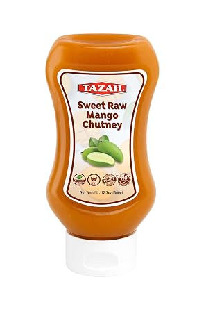 TAZAH Sweet Raw Mango Chutney, 12.7 oz 360g Squeeze Bottle Sweet, Tangy & Spiced Indian Mango Chutney Vegan No Artificial Preservatives Product of India