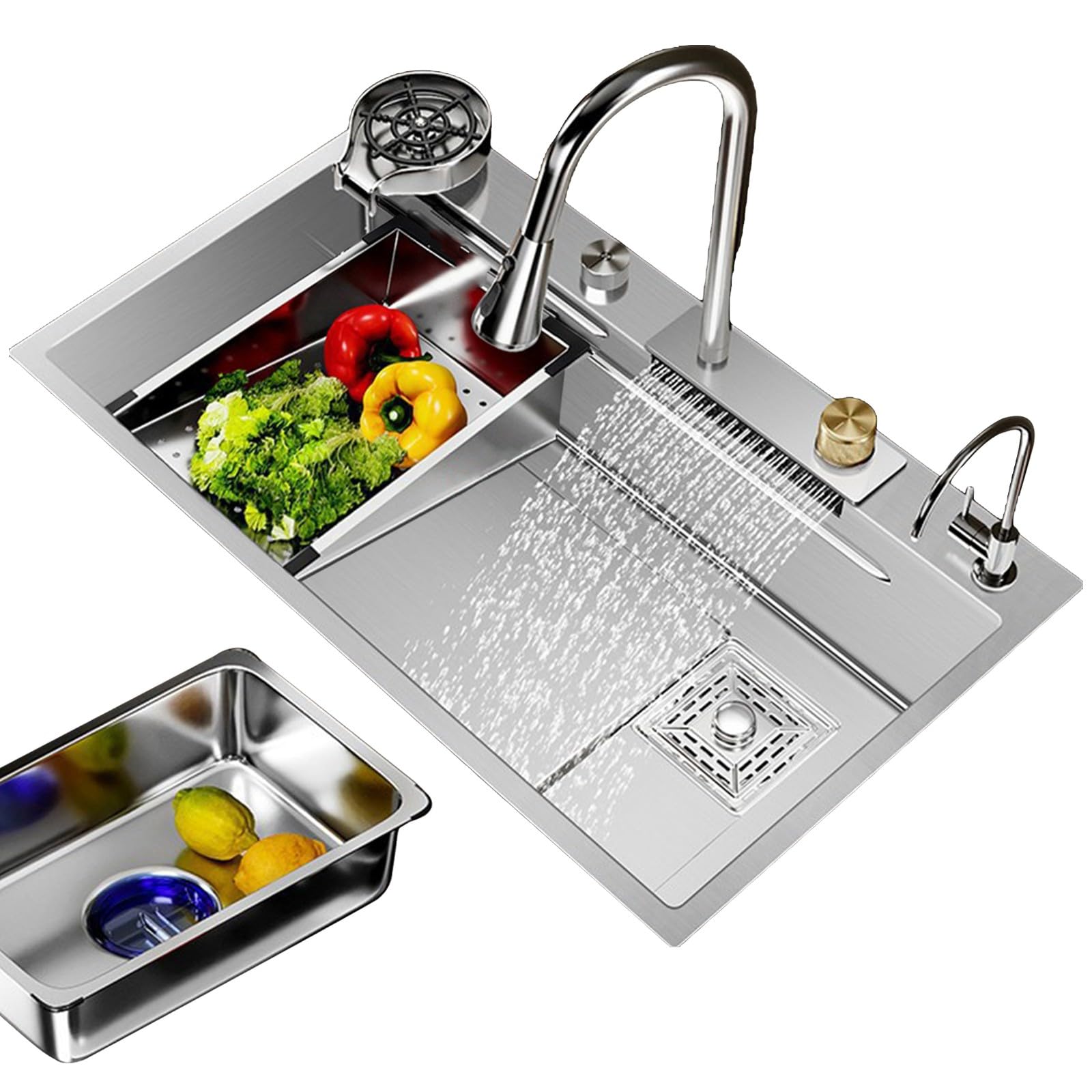 ZQFHSX Waterfall Kitchen Sink Workstation with Pull-Out Faucet Stainless Steel Drop-In Accessories Modern Home for Efficient Cooking and Cleaning