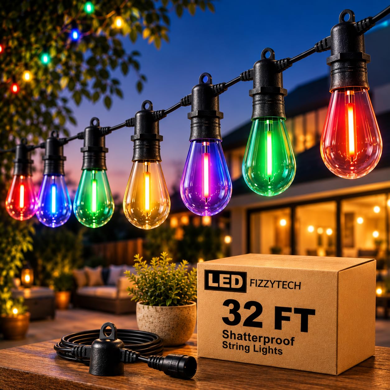 fizzytech Outdoor Bulb String Lights, 10 Meter Multicolour Waterproof Patio Lights for Balcony, Backyard, Cafe, Party & Home Decoration - 20 LED