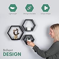 Vista 6 de Estantes flotantes hexagonales para dormitorio, baño, cocina y sala de estar, decoración de pared y almacenamiento, juego de 3, estantes de panal