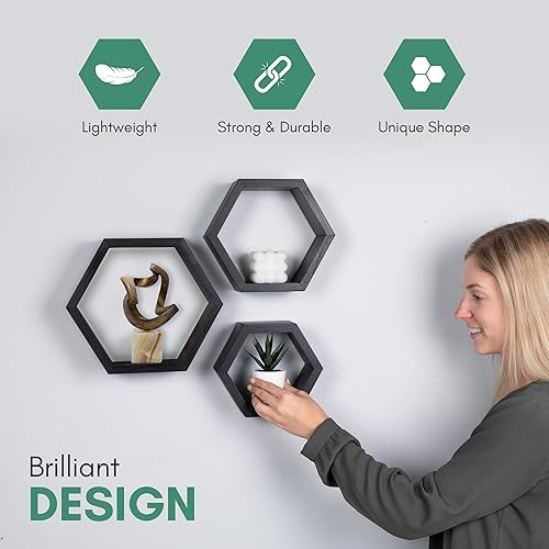 Miniatura 6 de Estantes flotantes hexagonales para dormitorio, baño, cocina y sala de estar, decoración de pared y almacenamiento, juego de 3, estantes de panal