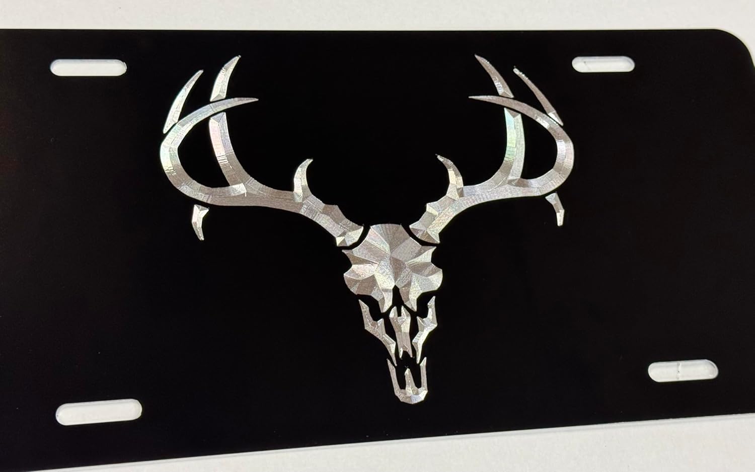 Deer Skull Car Tag Diamond Etched on Black Aluminum License Plate