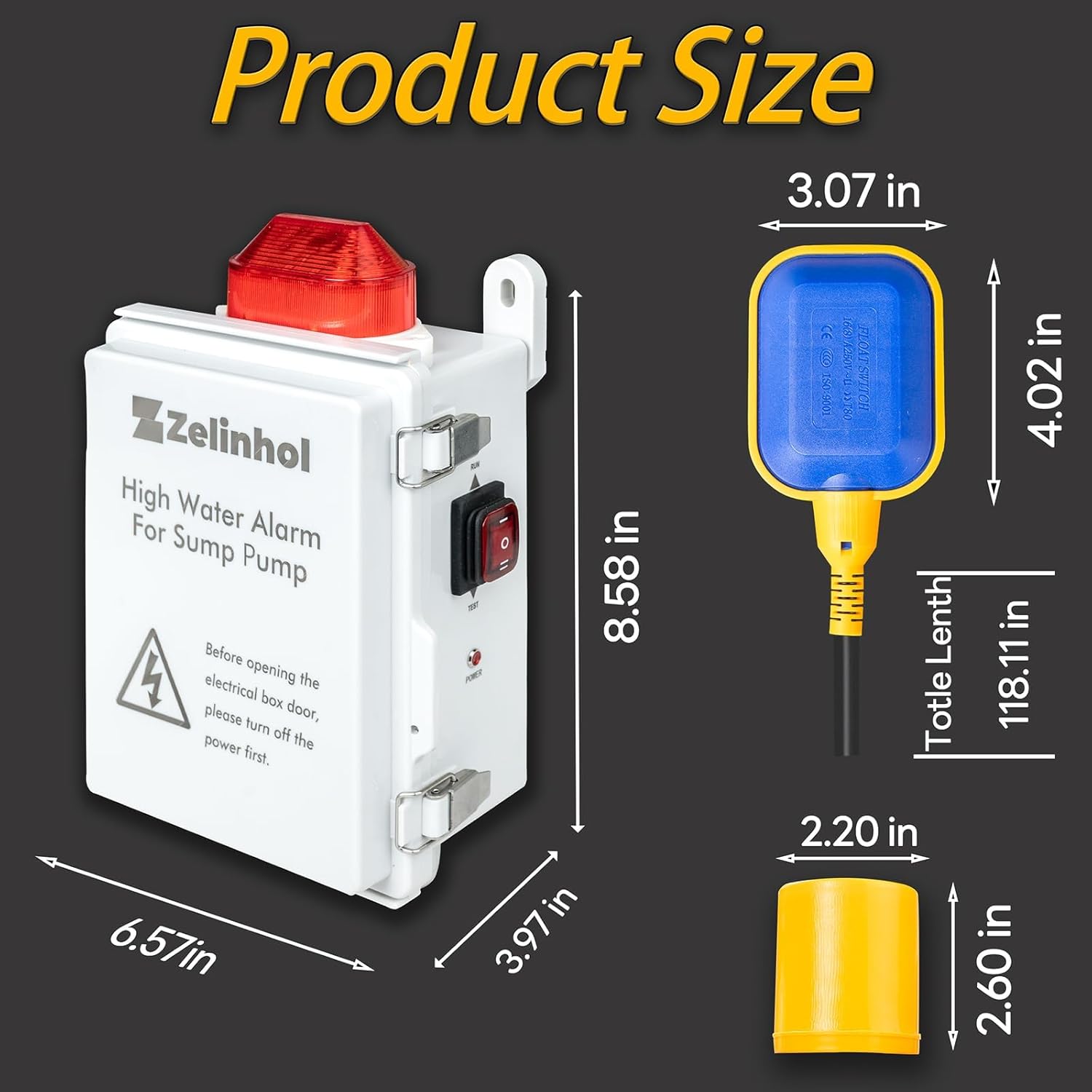 Upgraded Sump Pump Alarm - Smaller Size, Upgraded Mold, Multiple Granheads (M20*2, M16), Power Light - 110DB High Water Alarm for Sump, Septic, Pond & Tank