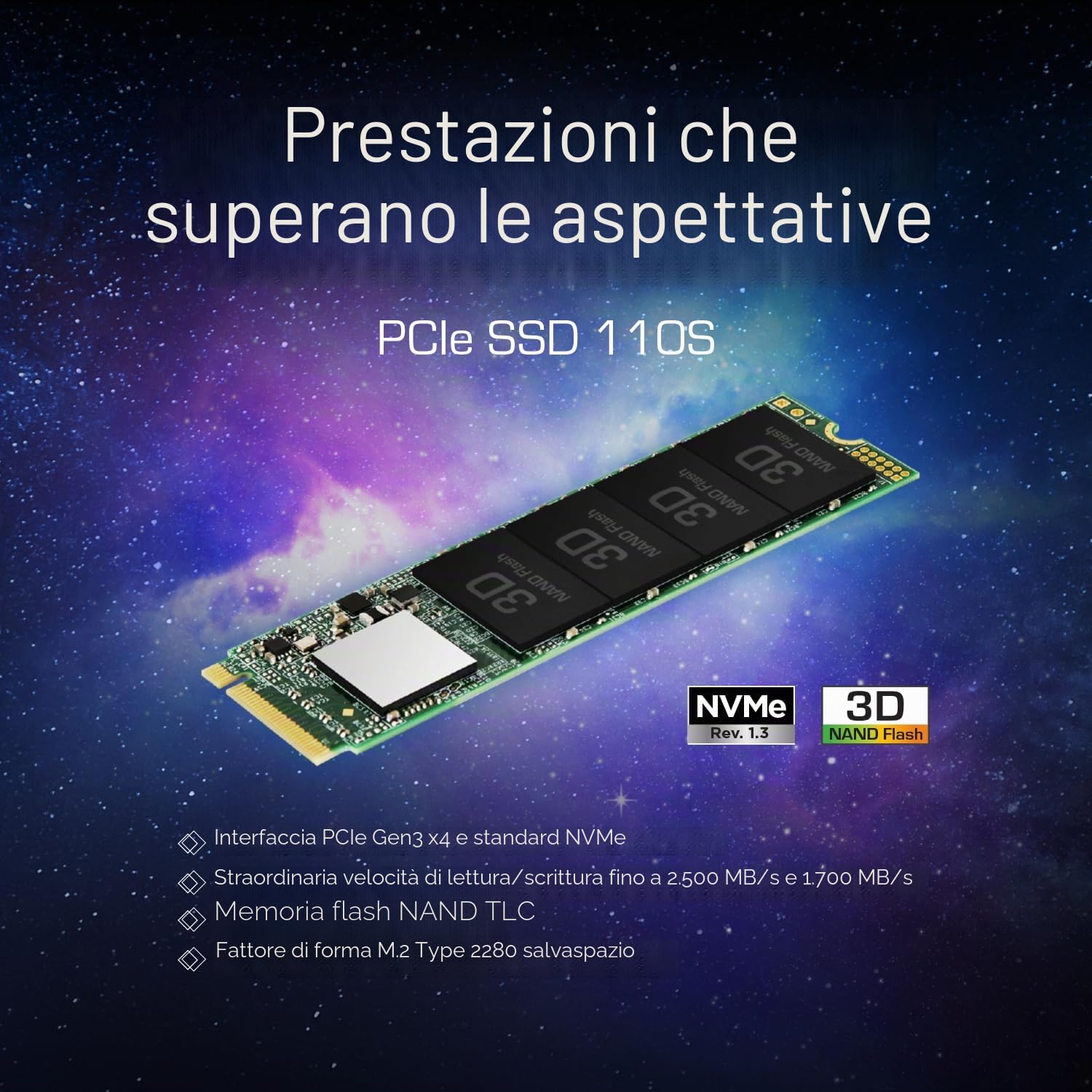 Transcend SSD interno MTE110S NVMe PCIe Gen3 x4 M.2 2280 da 512 GB, memoria 3D TLC NAND - TS512GMTE110S