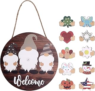 Interchangeable Welcome Sign for Front Door,Wooden Gnome Welcome Sign with LED Lights,Welcome Sign Door Hanger for Outdoor Welcome Home Decorations
