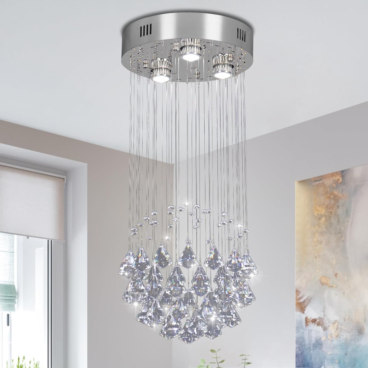 Modern Crystal Chandelier for High Ceiling Flush Mount Ceiling Light Fixtures 3-Lights Raindrop Crystal Ball Chandeliers for Dining Room Hallway Bedroom Chrome