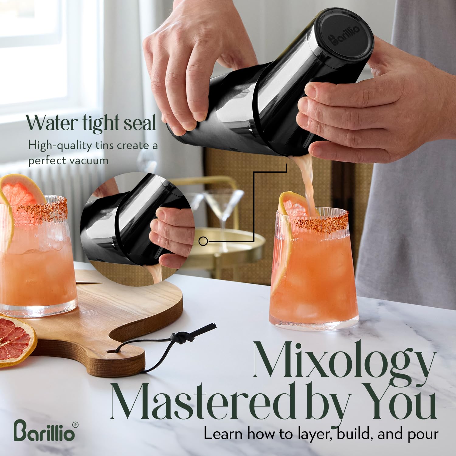 Barillio Black Boston - Juego de coctelera de acero inoxidable con peso para coctelera Martini con colador y mezclador, kit de barman de mixología, juego de bar para el hogar, juego de coctelera de 9