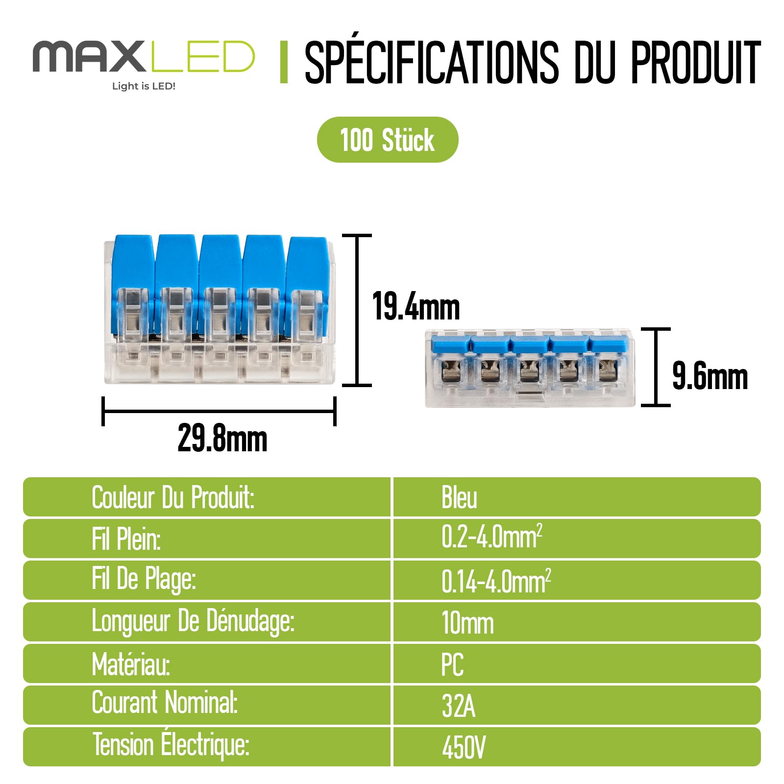 Maxled, Light is Led! Bornes de Connexion 5 Entrées, 100 Pièces Compatibles Avec Tous Types De Fils Dans Le Monde, Fil Solide 0.2-4mm², Connecteurs Fil Toronné 0.14-4mm², Référence 415