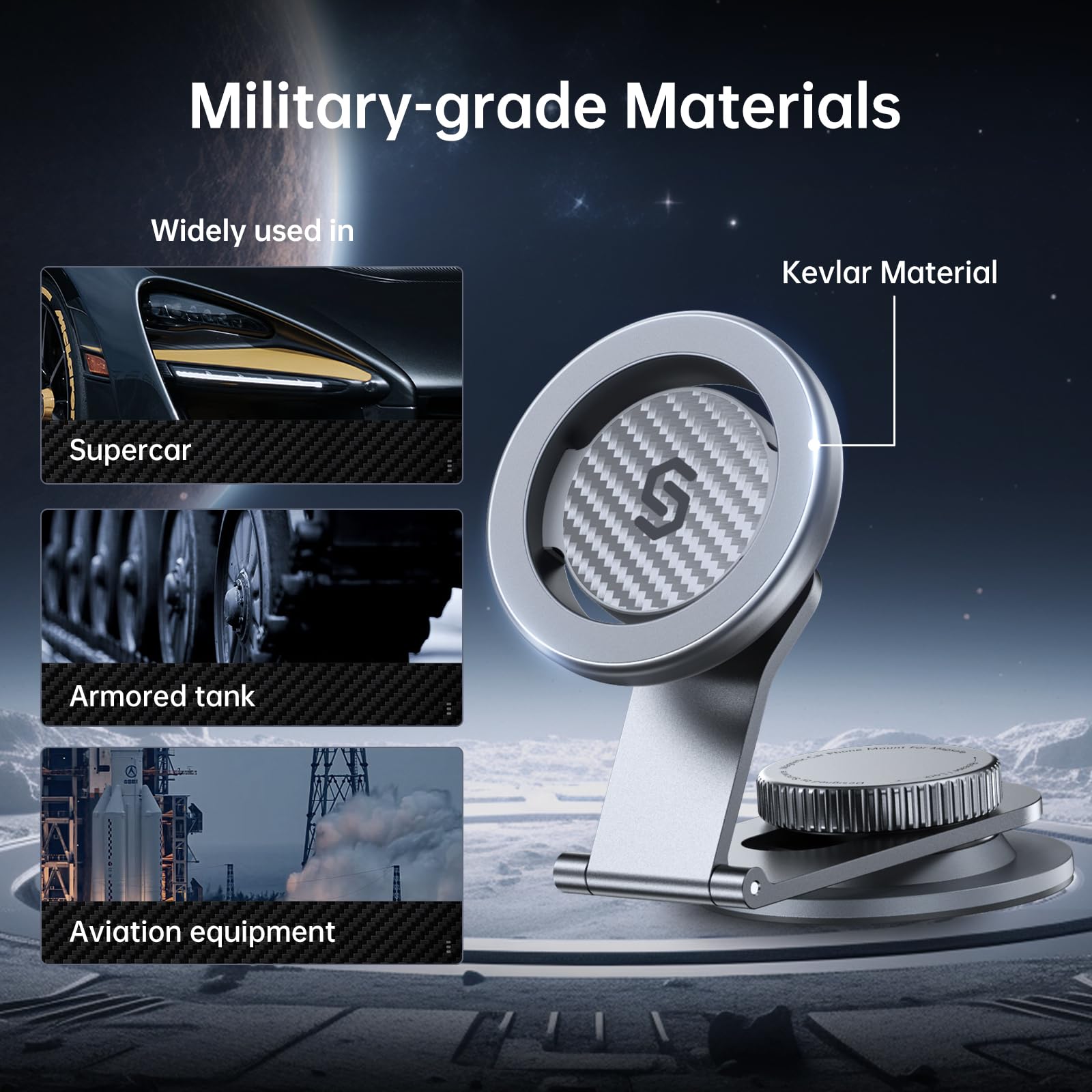 SYNCWIRE Pasuje do uchwytu samochodowego MagSafe do uniwersalnej deski rozdzielczej i ekranu Tesla, srebrny magnetyczny uchwyt na telefon z kevlaru do samochodu, super stabilny magnetyczny uchwyt