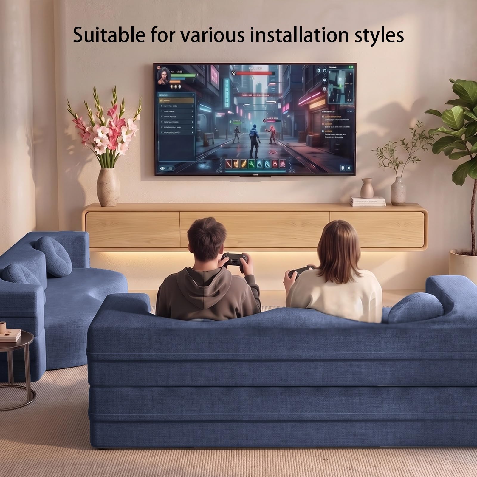 Mueble de TV de Madera Maciza,Mueble de TV Flotante, Mueble Bajo de Pared para TV, Adecuado para el Salón y el Dormitorio,Madera 220CM-LED