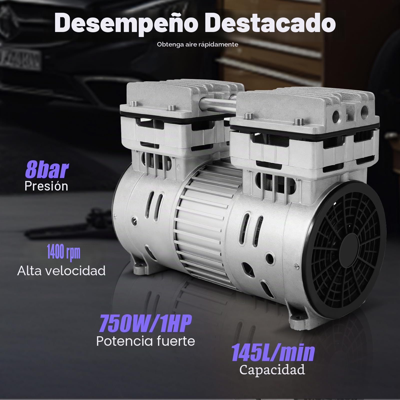 Cabezal de compresor de aire exento de aceite - Compresor silencioso - 8 bar - Silenciador - 145 l/min - Aire comprimido silencioso