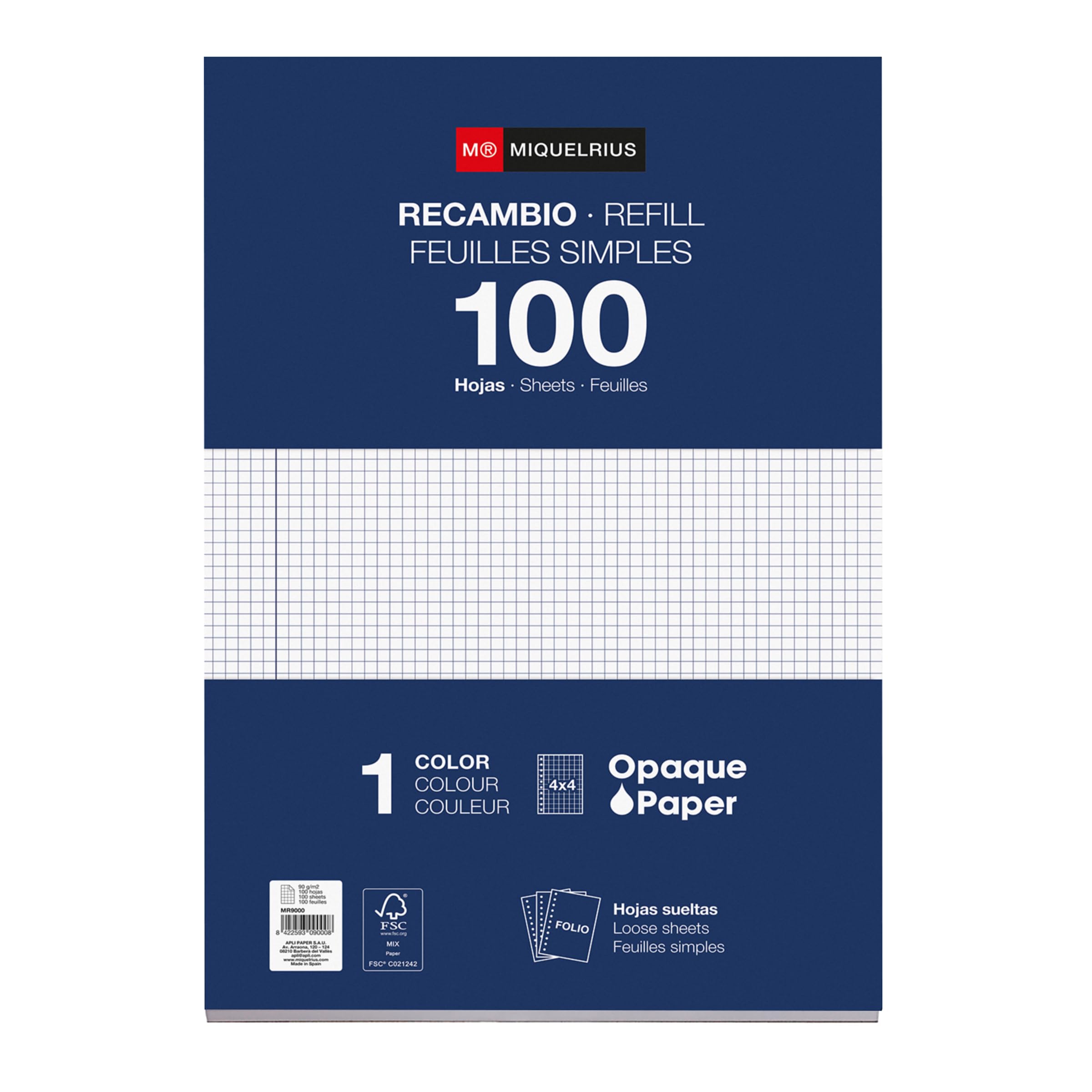 Miquelrius Bloc de recharge 215 x 309 mm 100 feuilles quadrillées 4x4 mm Papier 90 g/m² Recharge perforée pour classeur