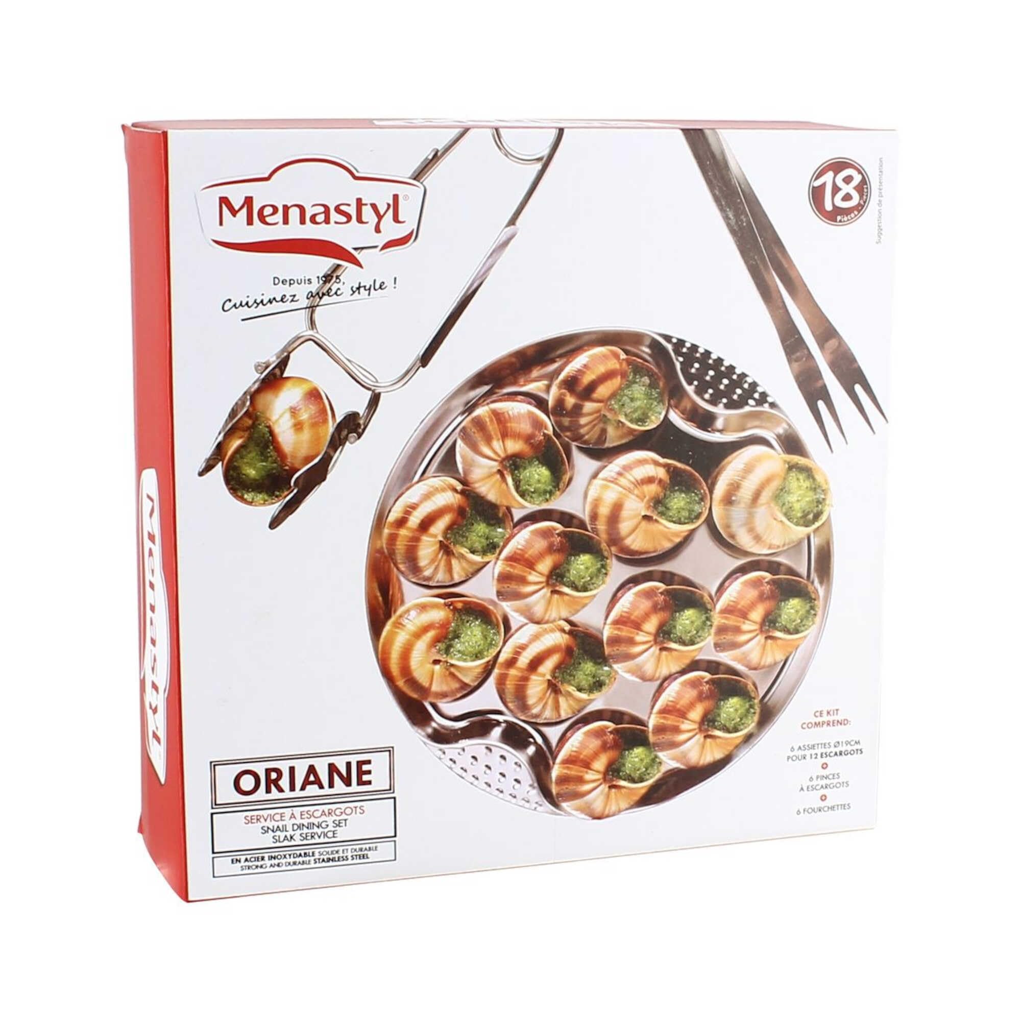 Menastyl 5040063 The Kitchenette-Servizio 18 Pezzi, 6 Piatti da 12 Ø 19 cm + 6 pinzette 6 forchette per lumache, Acciaio Inossidabile