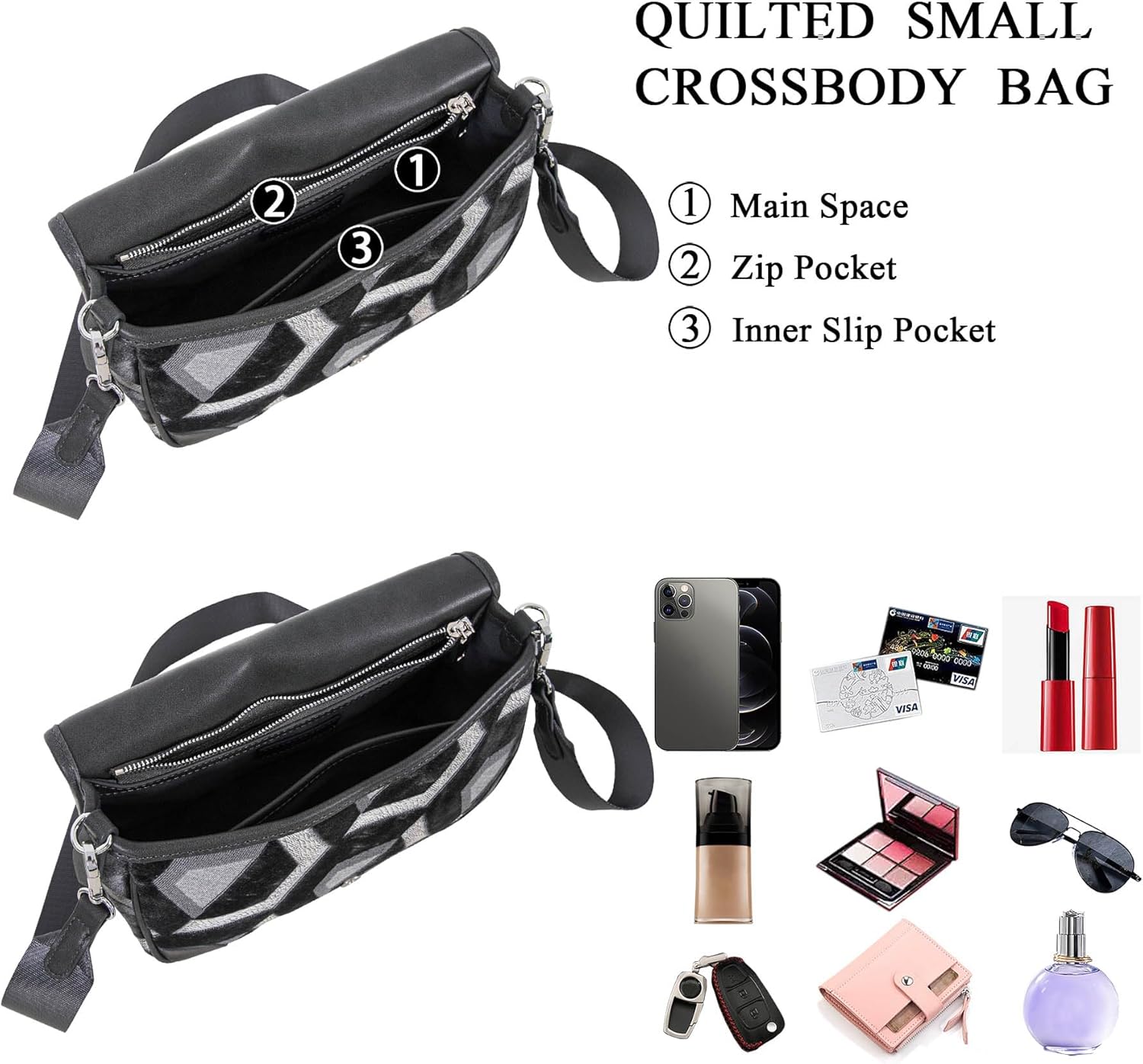 Crossbody Bags for Women Satchel Bags Zipper Closure Patchwork Handbags with 2 Removable Straps - Image 6