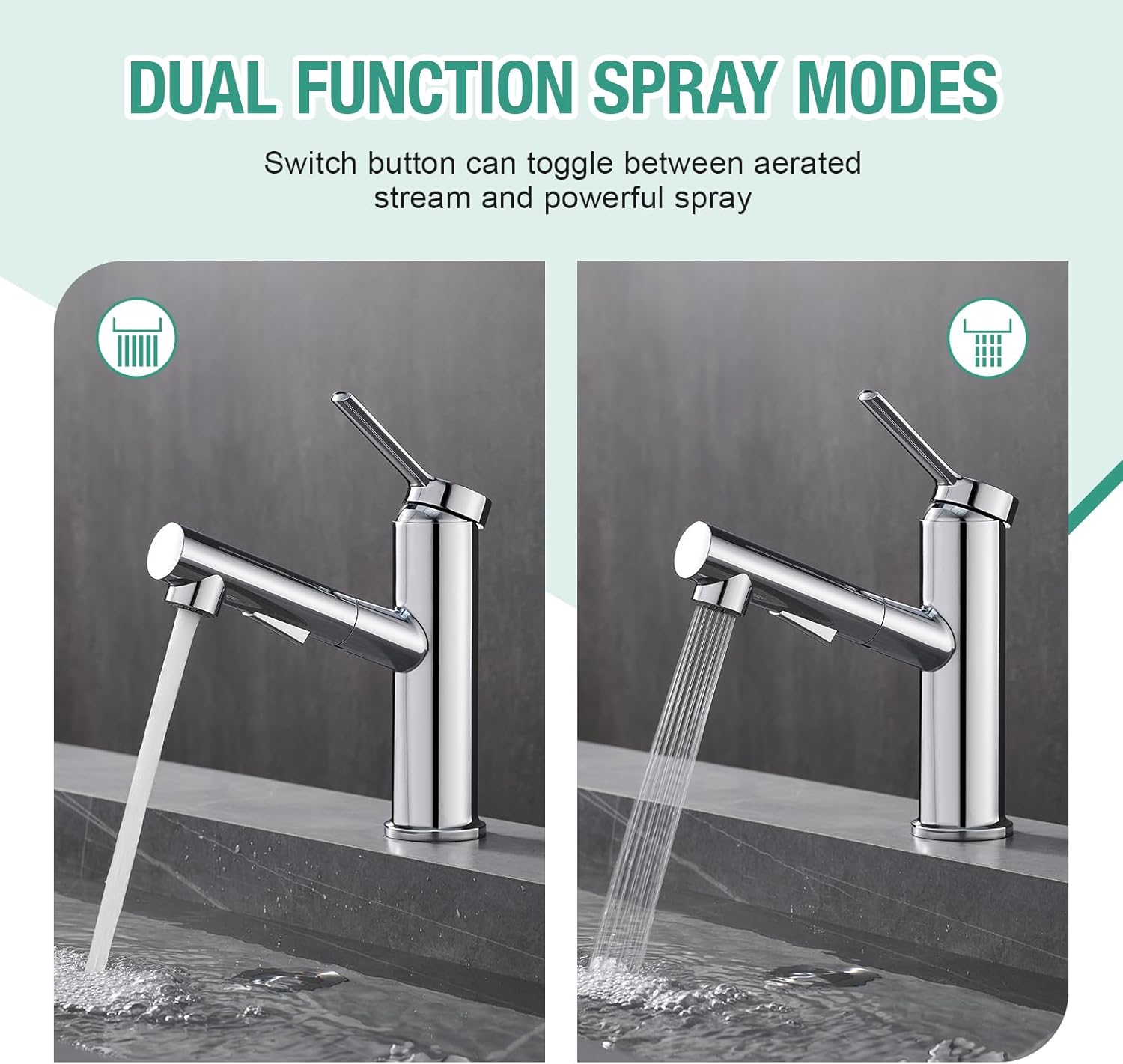 Faustina Bathroom Faucet with Pull Out Sprayer, Polished Finish Bathroom Sink Faucet for Vanity or Laundry, Stainless Steel 1 Handle with Deck Plate for 1 or 3 Hole