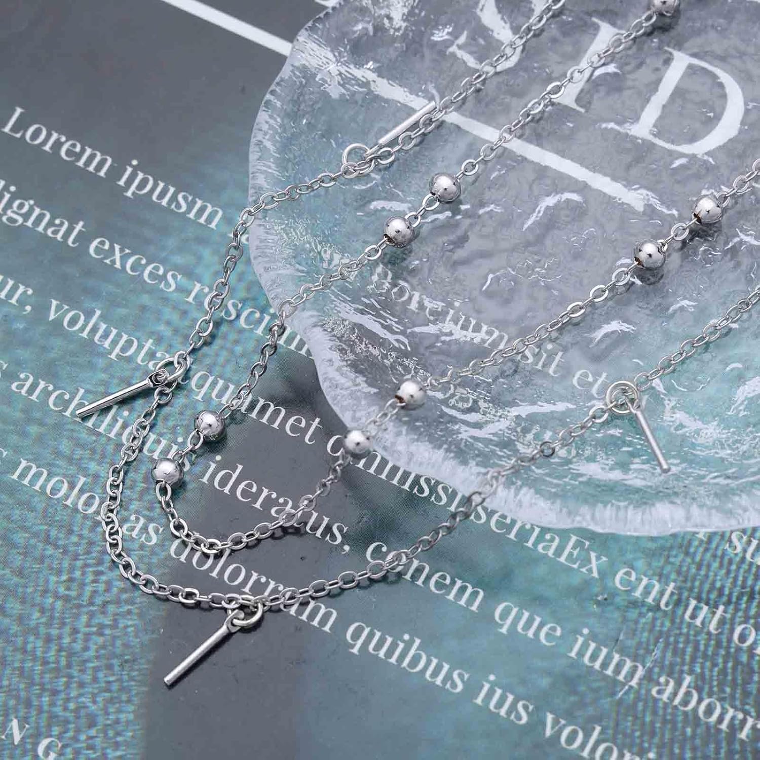 Boho Layered Satellite Chain Necklace Choker Tiny Bar Dangle Necklace Mini Metal Bar Pendant Necklace Vintage Beaded Chain Necklace Jewelry for Women(Gold) - Image 4