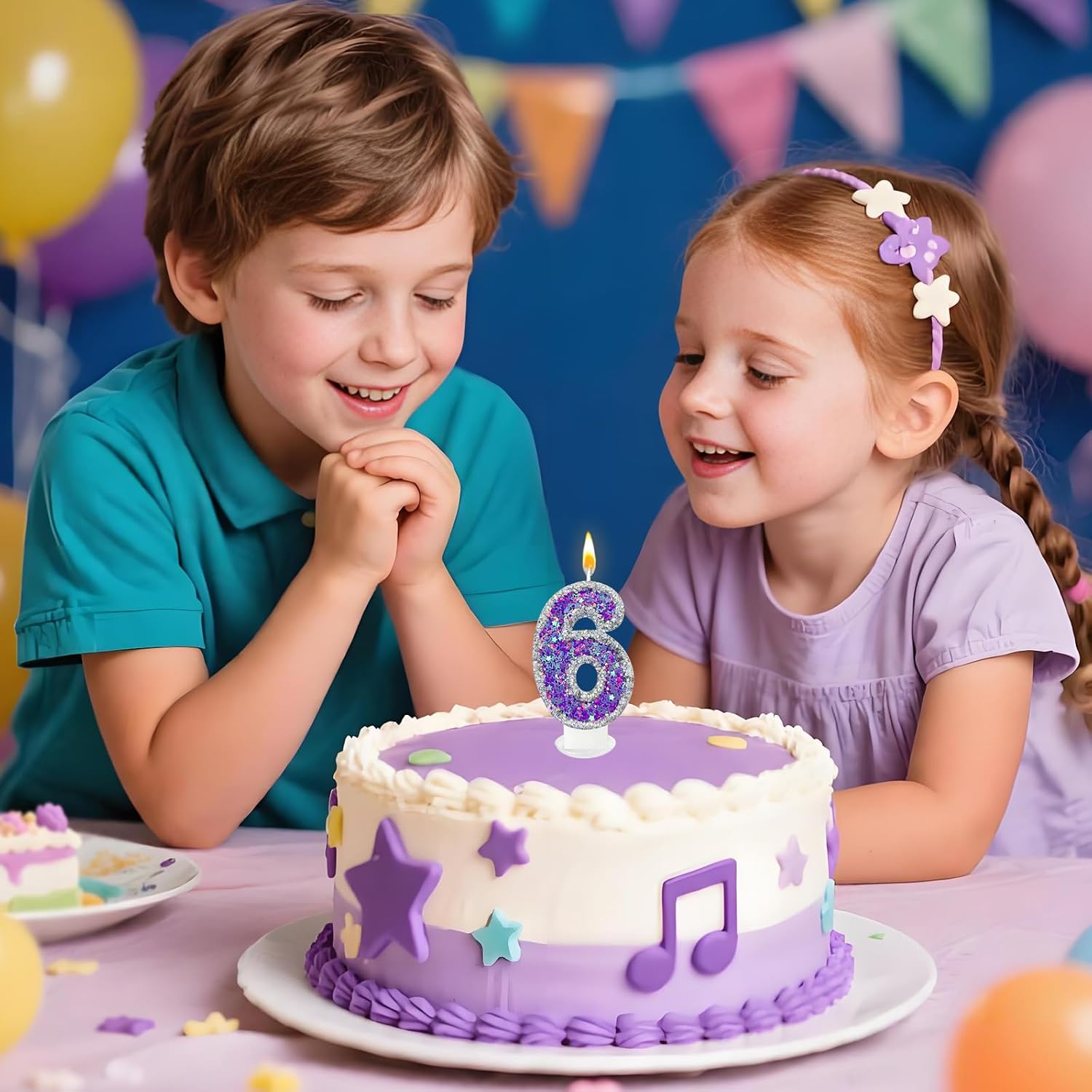 K-pop Number 6 Birthday Candle, Star Glitter Filled Number Candle, Purple Silver Fantasy Cake Topper for Birthday Party Decoration