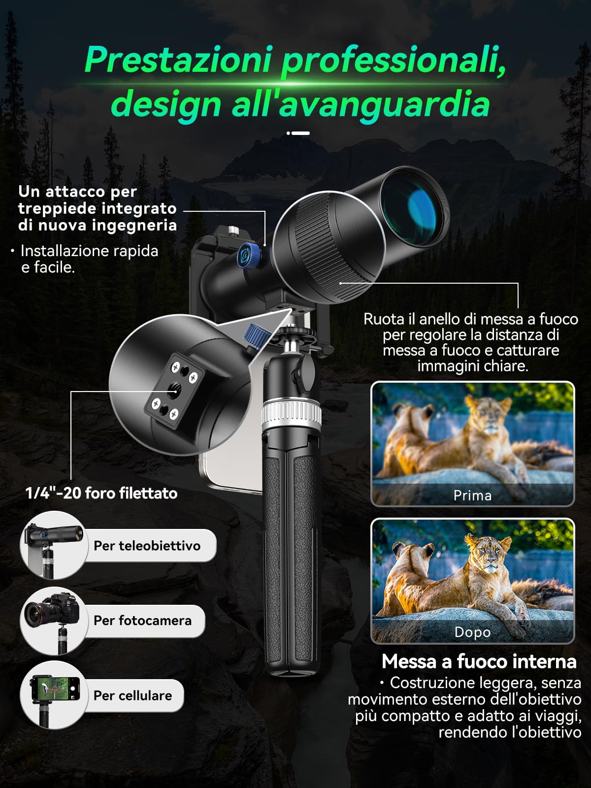 APEXEL 30X Super Telephoto Lens, Lunghezza Focale di 720mm, Cattura Professionale e Artistica per Fauna Selvatica, Sport, Concerti