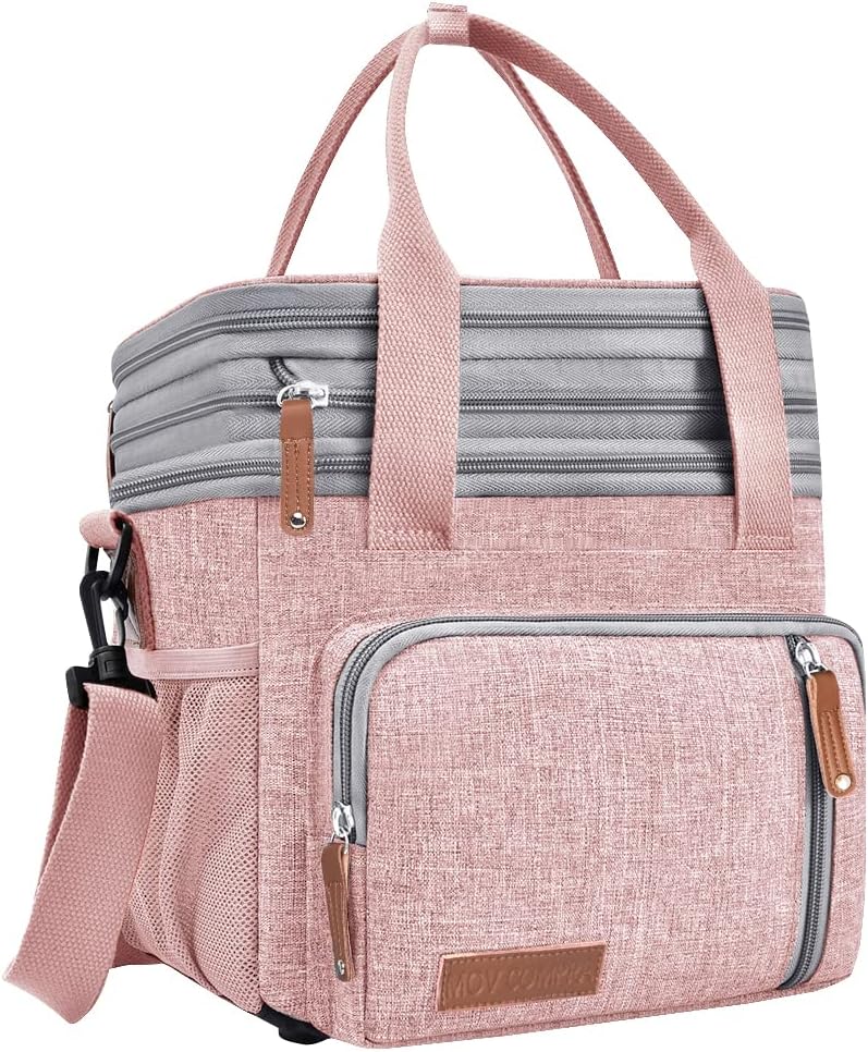 MOV COMPRA Lunch Bag for Women Men, Expandable Large Adult Insulated Lunch Box for Work, Leakproof Double Deck Lunch Box Cooler Tote Bag with Removable Shoulder Strap (PINK)