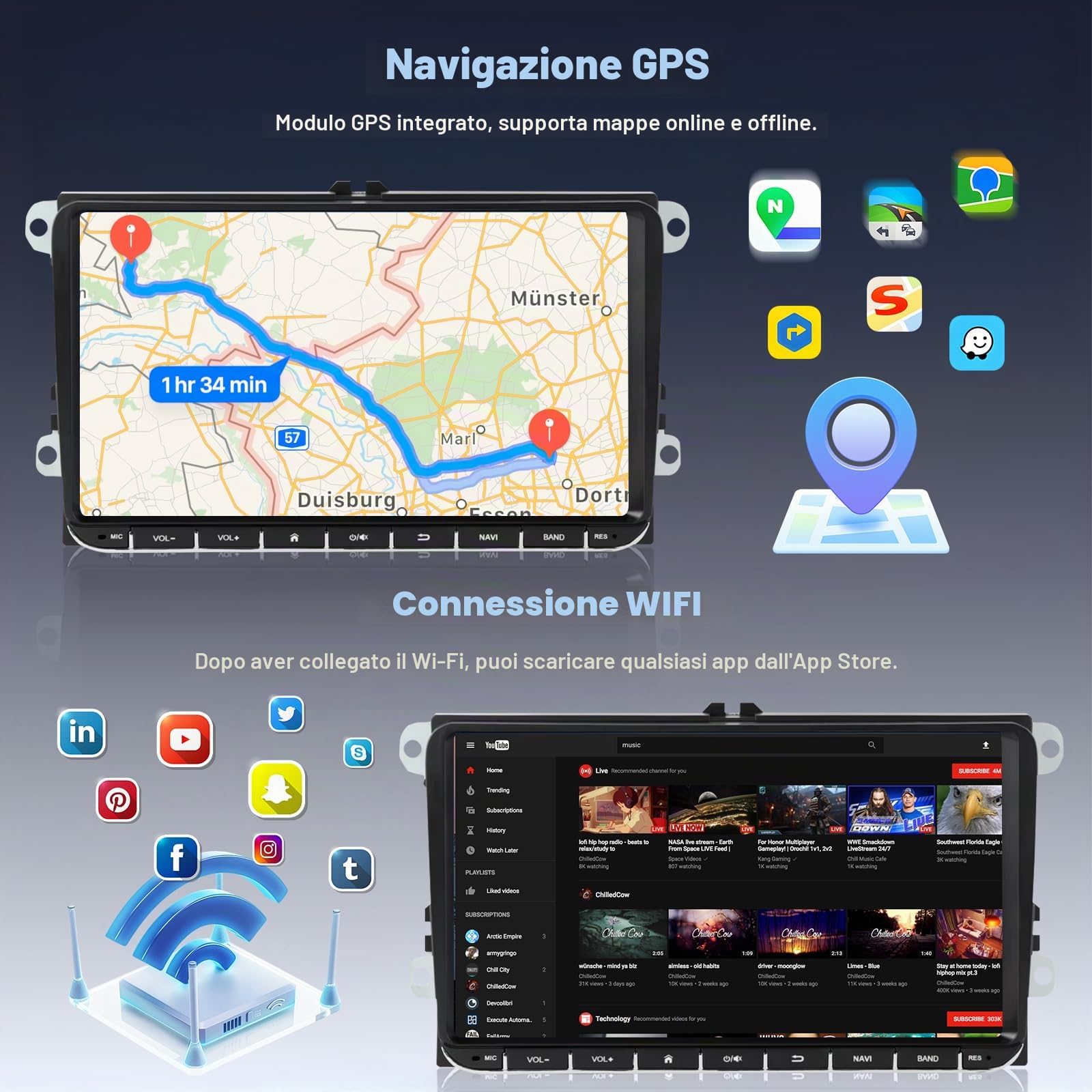 2+32G Autoradio per VW Polo 2009-2013 con Carplay Android Auto, 9 pollici Touchscreen Lettore Ricevitore Multimediale Digitale con Bluetooth WiFi FM RDS SWC telecamera di retromarcia