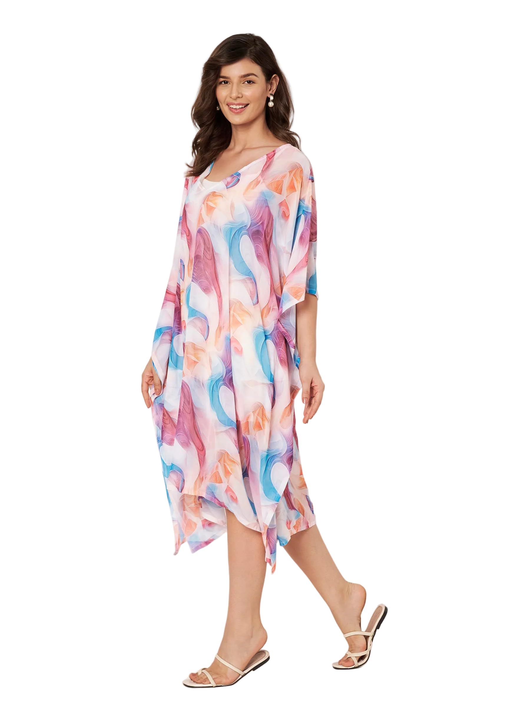 SWI WITH LABEL Women's Printed V-Neck Flared Sleeves Beach Wear Kaftan Dress Digital Print Hidden Adjustable Belt Kaftan Beach Coverup STBW_556-picture-30