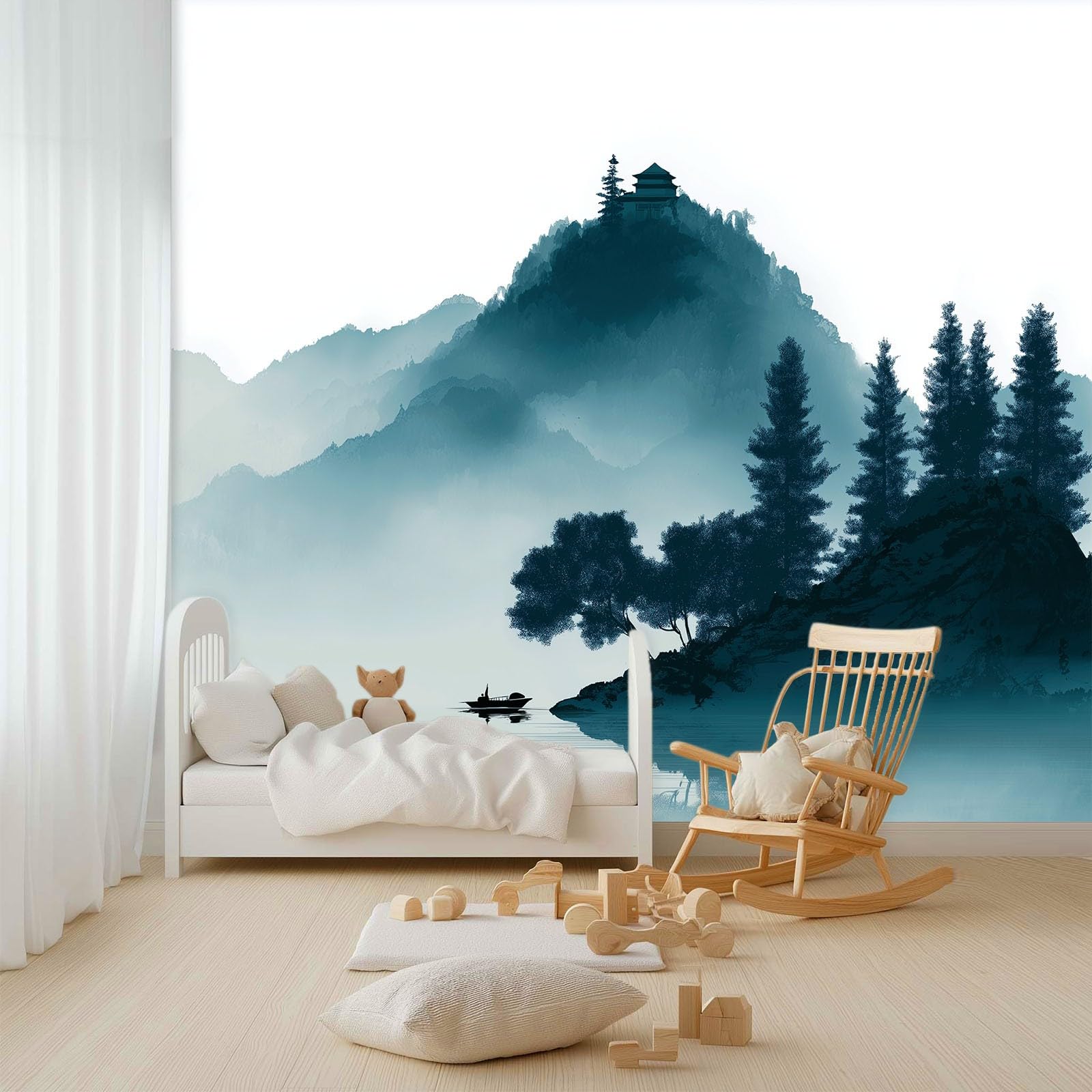 Fototapeta chiński obraz tuszem 300 l x 210 cm, dekoracyjna tapeta mgła góry las żaglówka - plakat nowoczesny design do pokoju dziecięcego salonu sypialni