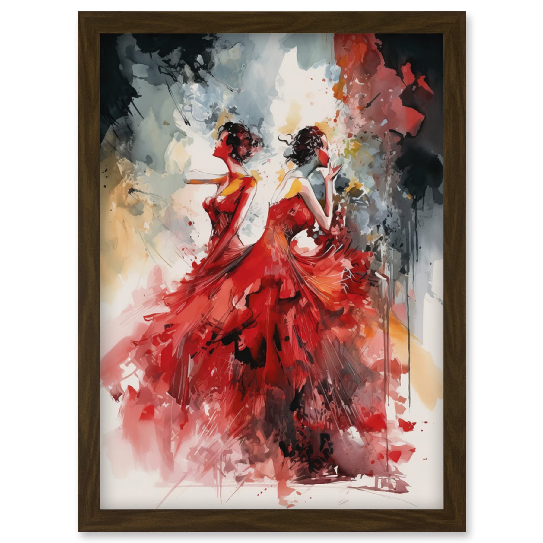 Artery8 Flamenco Music Female Dancers Dancing on Stage in Red Dresses Modern Watercolour Painting Artwork Framed Wall Art Print A4