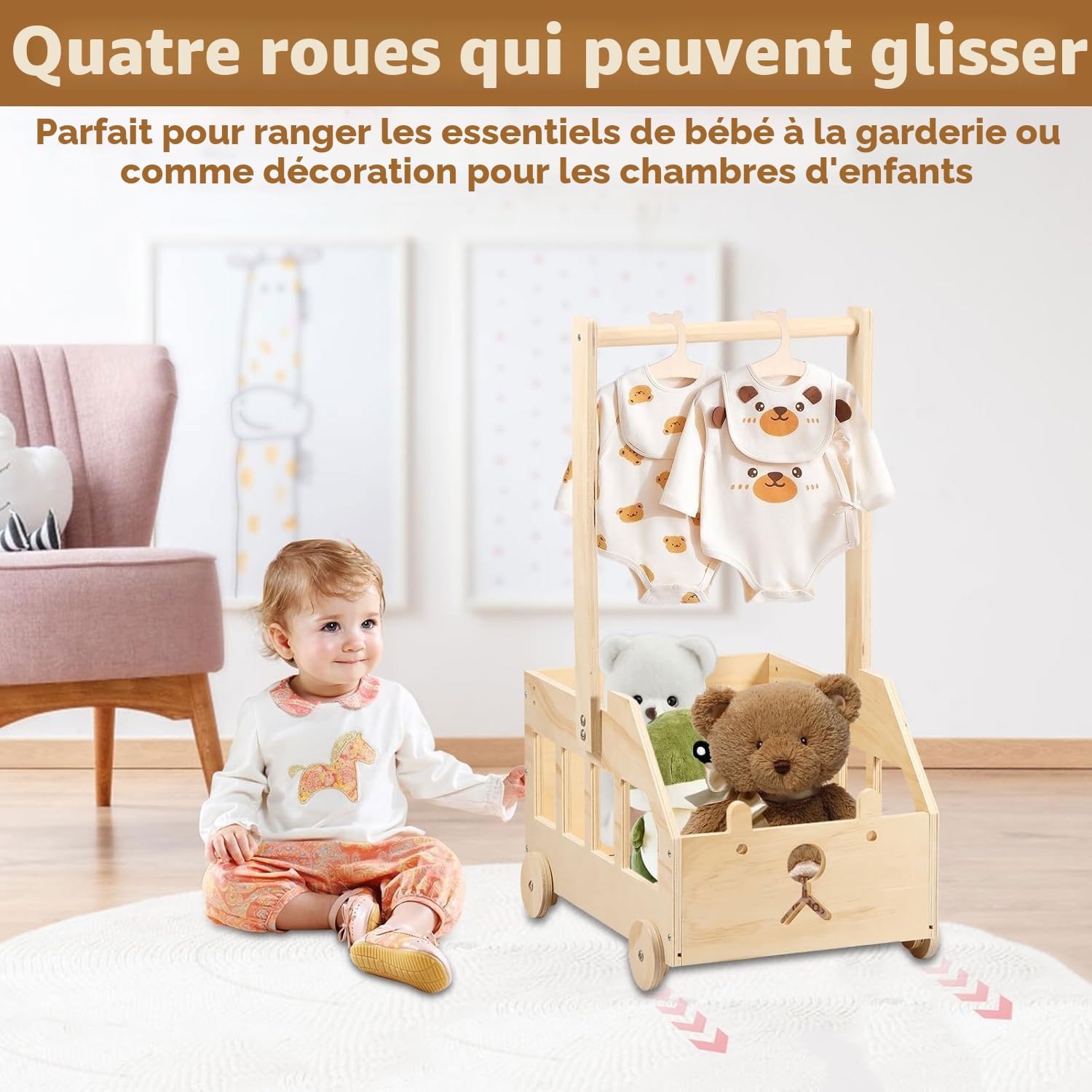 Caisse en Bois Rangement Bébé - Panier Penderie Bébé avec Roues, Poignée et 5 Cintres | Idéale Cadeau Fête Prénatale & Rangement Vêtement Bébé