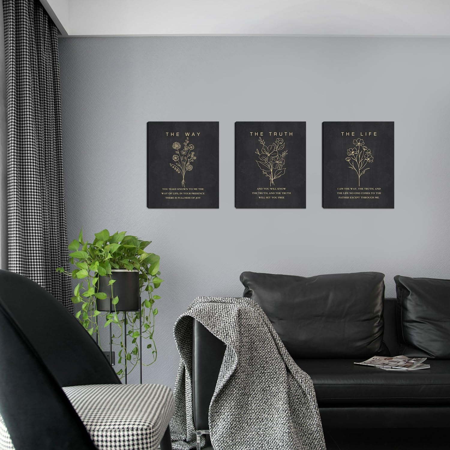 KAIRNE Framed Boho Floral Christian Bible Verse Canvas Wall Art Set,12”*16”Inch The Way The Truth The Life Scriptures Poster Black Minimalist Botanical Flower Bible Wall Decor for Living Room Bedroom - Image 2