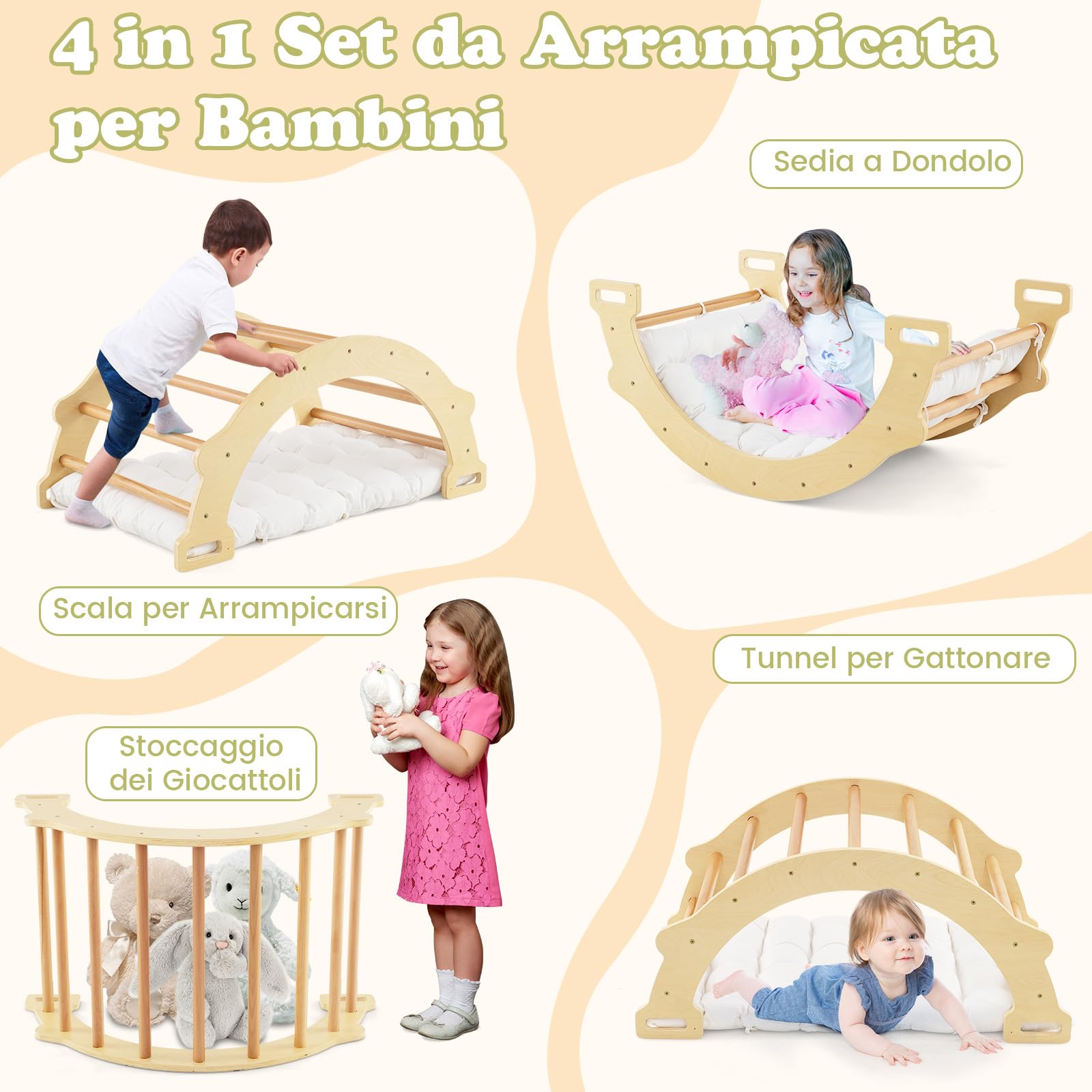 COSTWAY Arco da Arrampicata per Bambini, 2 in 1 Altalena ad Arco in Legno con Cuscino Morbido, Doppia Faccia, Ideale per Bambini 1+ Anni (Naturale)