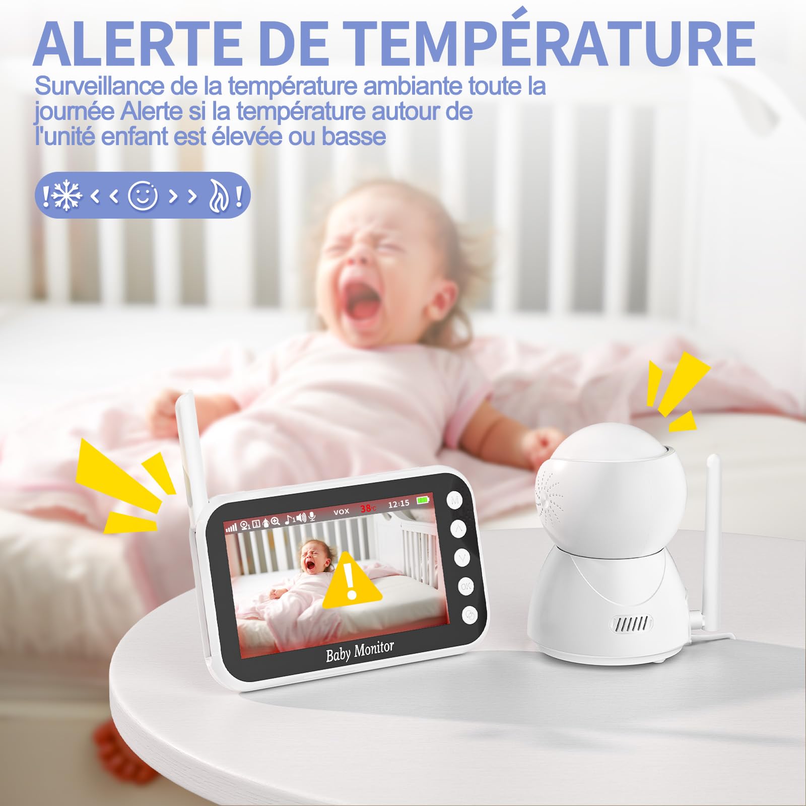 OBVHNUA Babyphone Camera 4,3" 720P Baby Phone Vidéo Moniteur Bébé Zoom Enregistrement sur Carte SD Pan-Tilt VOX Vision Nocturne Audio Bidirectionnelle Capteur de Température 8 Berceuses 5 Réveil