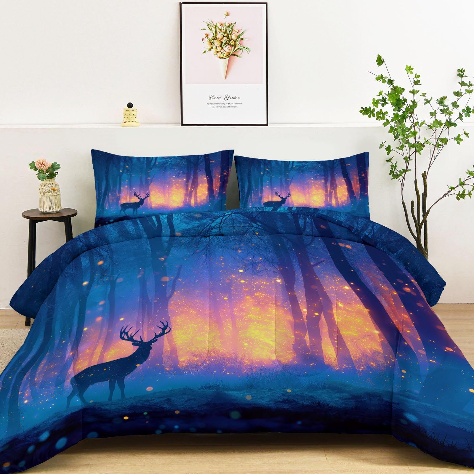 Genérico Kołdra 4 pory roku, 3-częściowy zestaw pościeli 200 x 200 cm Fantasy las miękki jeleń kołdra z mikrofibry, zimowa i letnia narzuta dla dzieci i alergików, niebieska