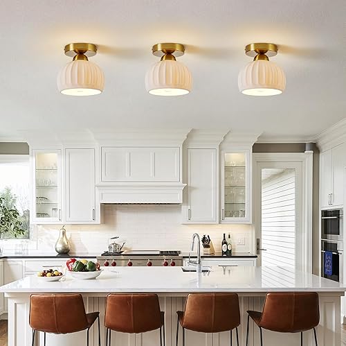 Miniatura 6 de Lámpara de techo semiempotrada de cerámica vintage, paquete de 2, lámparas de pasillo doradas, luces de techo de globo blanco, lámpara de araña