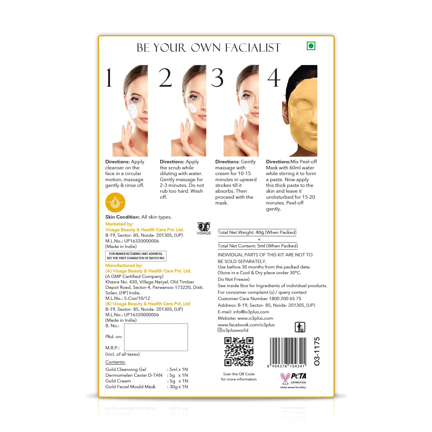 O3+ Gold Infusion Brightening Facial Kit 45g with Peel off Mask for Glowing Skin | Gold Facial kit for Exfoliate & Detoxify the Skin, For All Skin Types