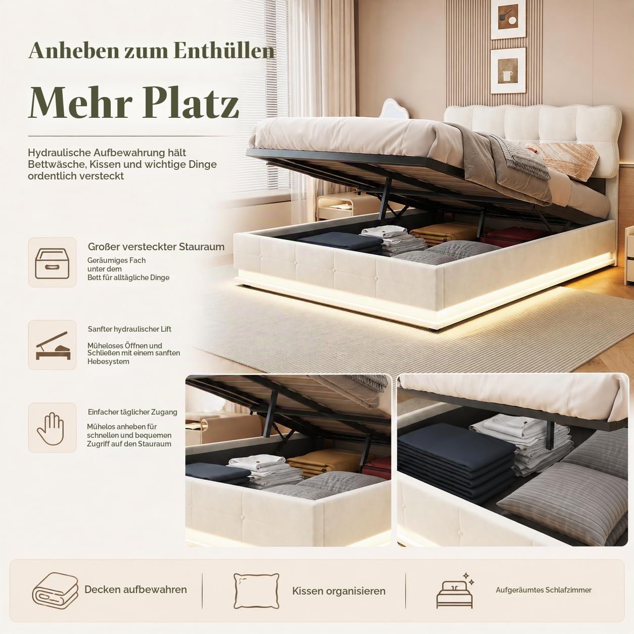 Polsterbett 140x200 cm, LED Bett mit Stauraum & Lattenrost, Doppelbett mit Gepolstertem Kopfteil, Seniorenbett Jugendbett Mädchen Bett, Hydraulisch Stauraumbett, Samt(Beige, 140X200 cm)