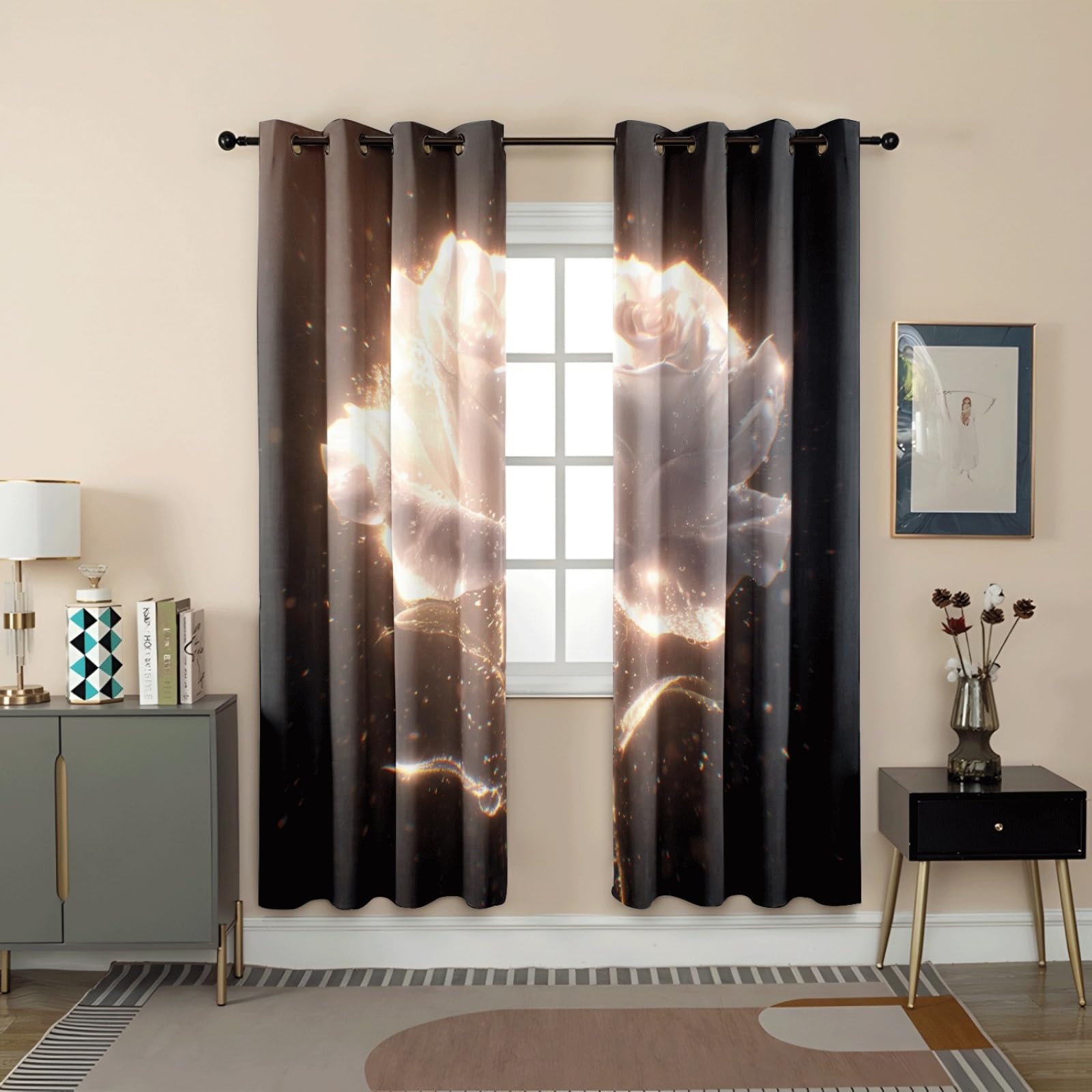 Curtain Braune Schwarze Rose Gardinen Blackout Curtain Polyester Vorhang mit Ösen Waschbar Vorhänge Living Room Verdunklungsvorhänge Schlafzimmer Gardienen Vorhang Blickdicht 2x85x200cm