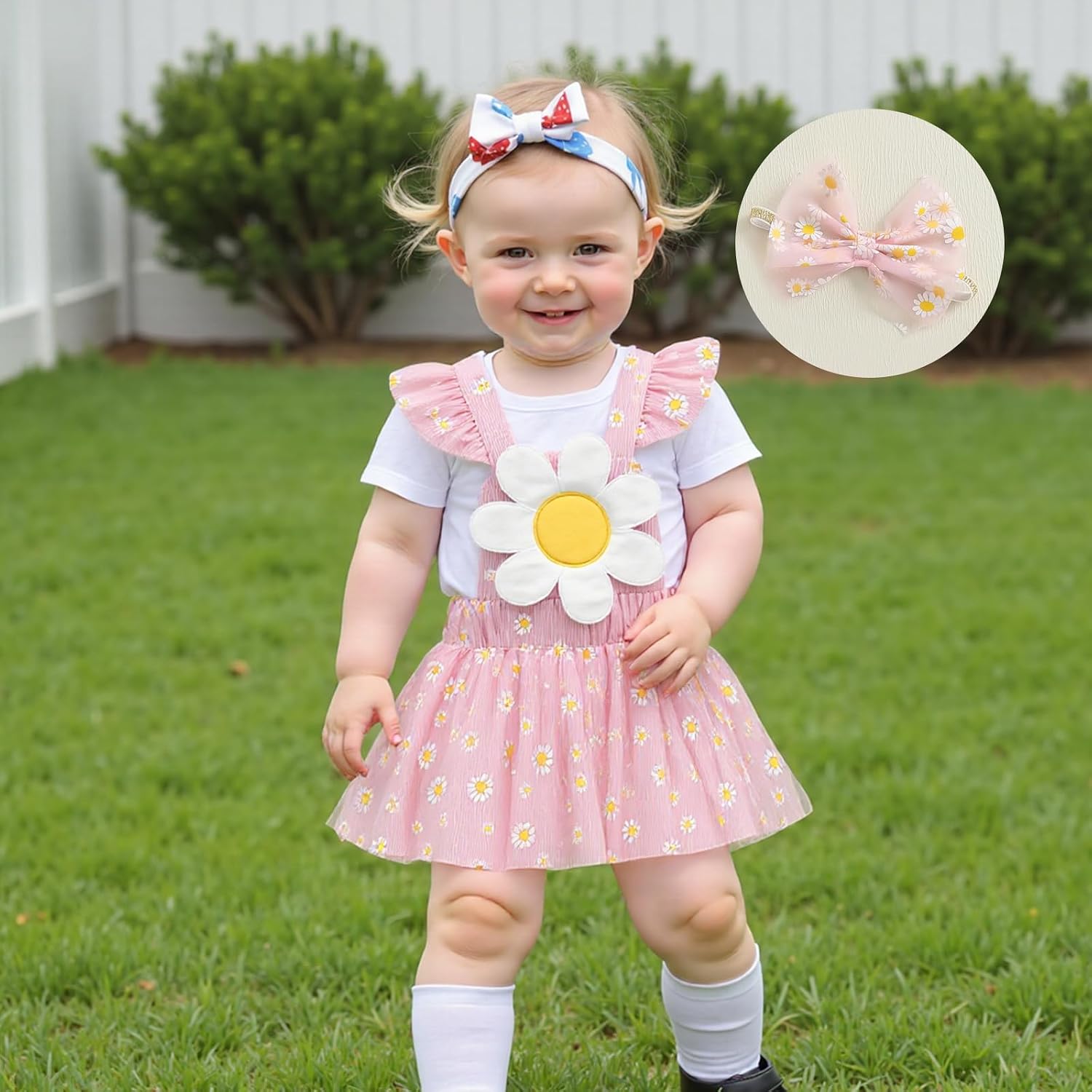 Owl's-Yard Newborn Girl Summer Outfits Crew Neck Short Sleeve Romper Daisy Print Suspender Skirt Headband 3Pcs Clothes Set