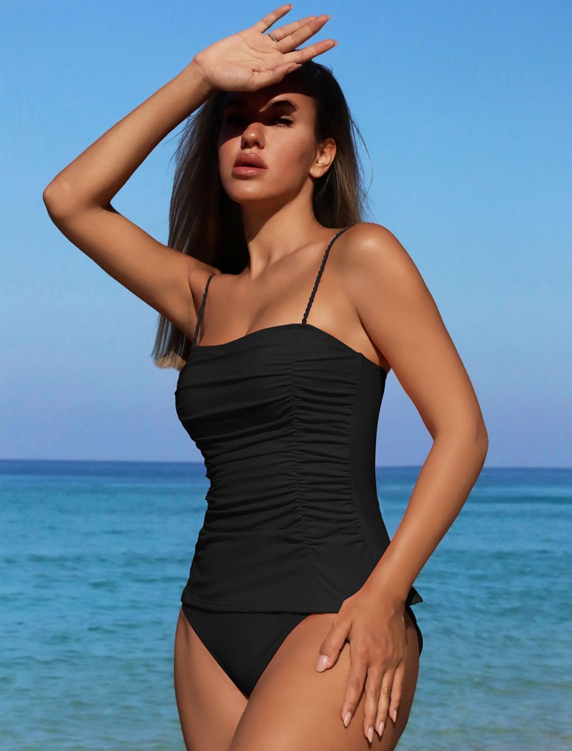 ZAFUL Womens Tankini Swimsuits 2025 Spaghetti Strap Two Pieces Ruched Top Tummy Control High Waisted Bottom Bathing Suits - Image 4