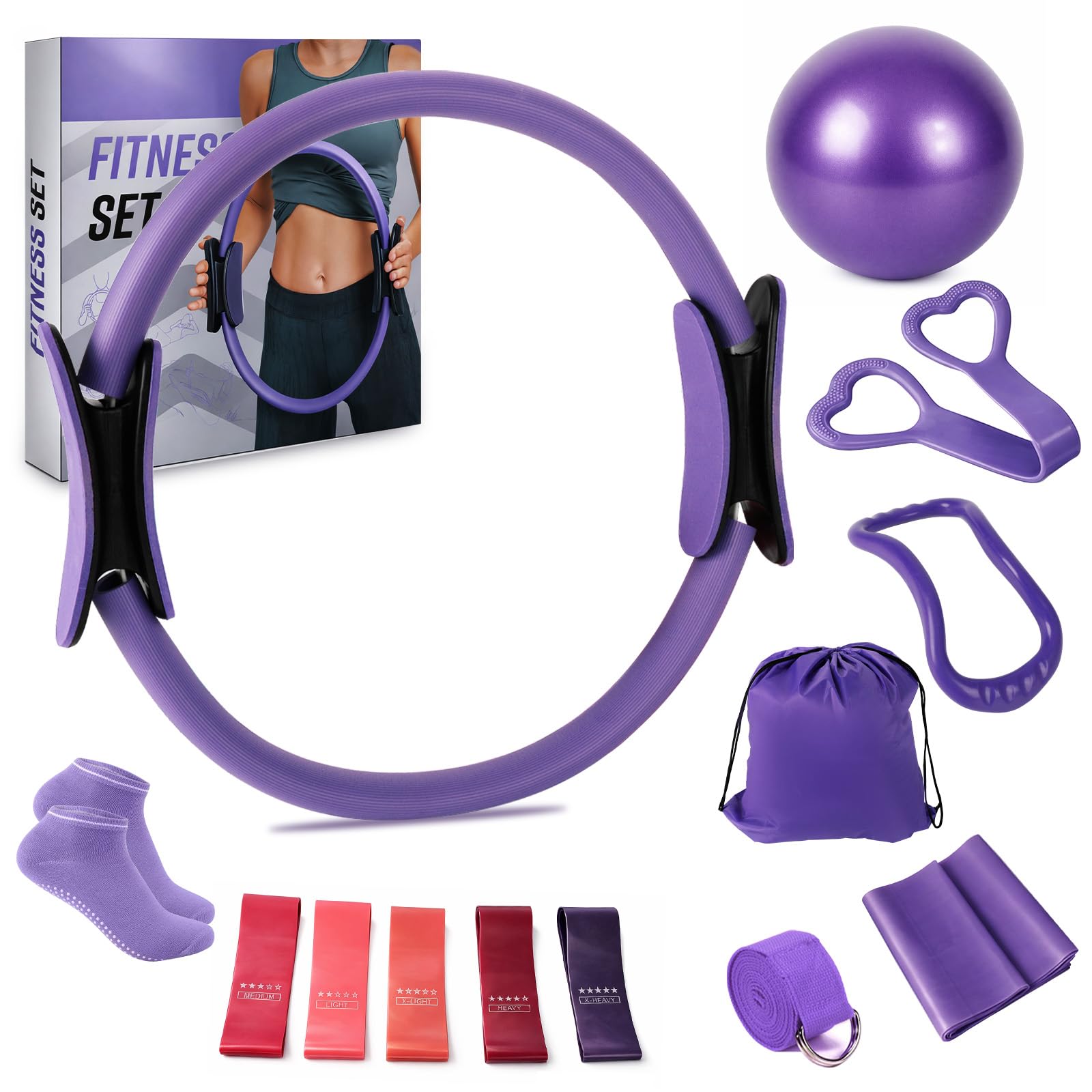 Roadtime Kit Pilates pour la maison, kit débutant de 13 pièces avec balle de yoga de 25 cm, cercle magique de 35 cm, 5 bandes de résistance, chaussettes de yoga, disques glissants, anneau de Pilates