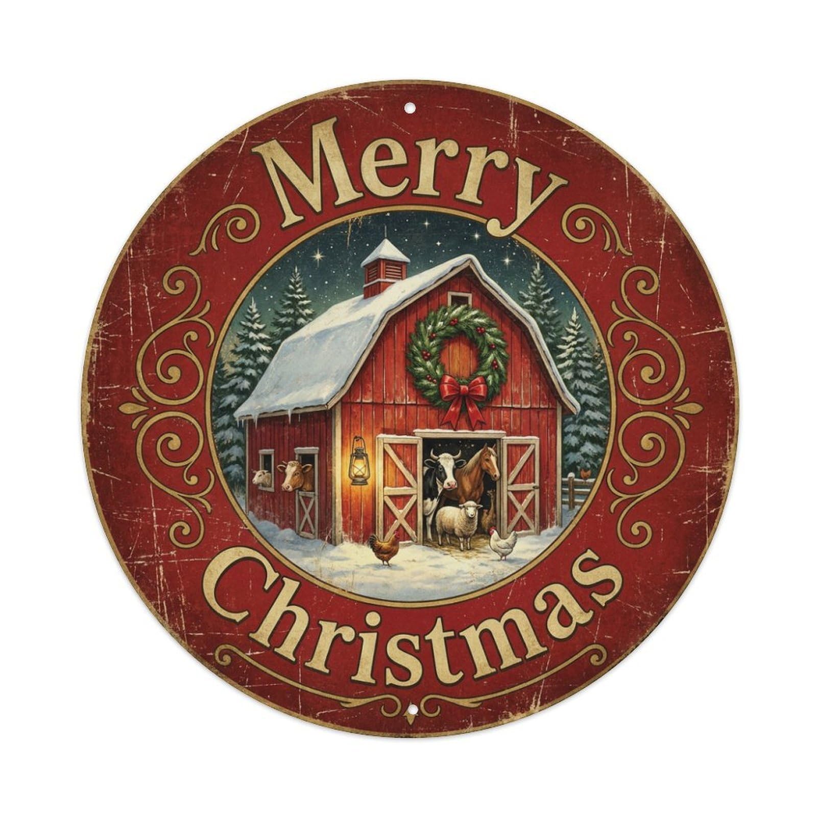 Merry Christmas Barn Snowy Farmyard Metal Tin Sign