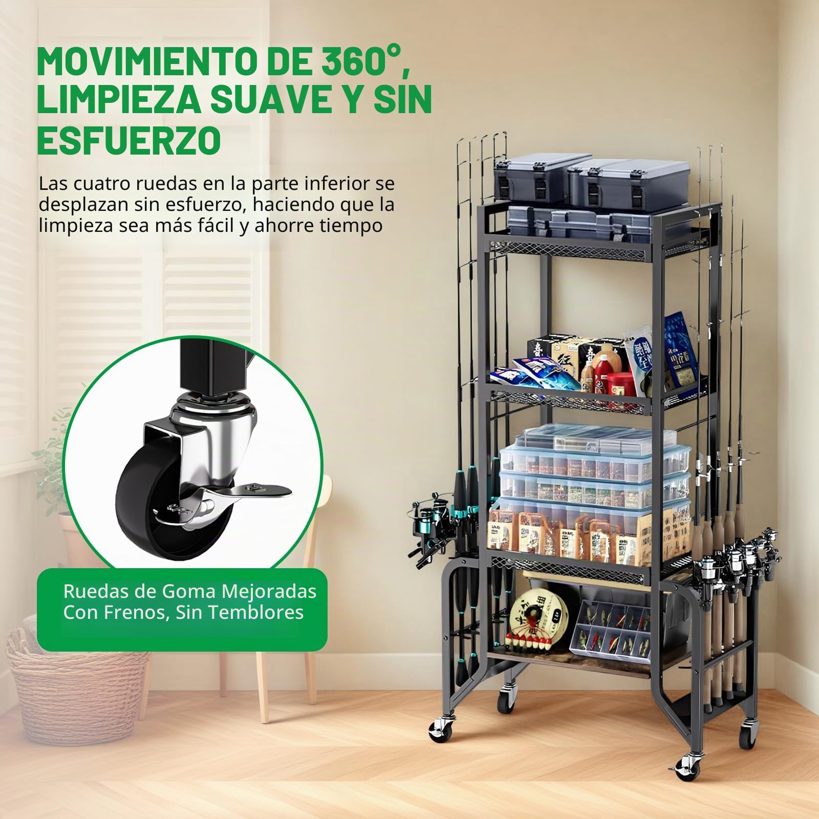 JAOGAUS Soporte para caña de pescar de 4 capas con ruedas para 10 cañas de pescar, estante con 4 rodillos para un fácil movimiento, 2 de ellos con frenos, para garaje, barco, hogar, accesorios de