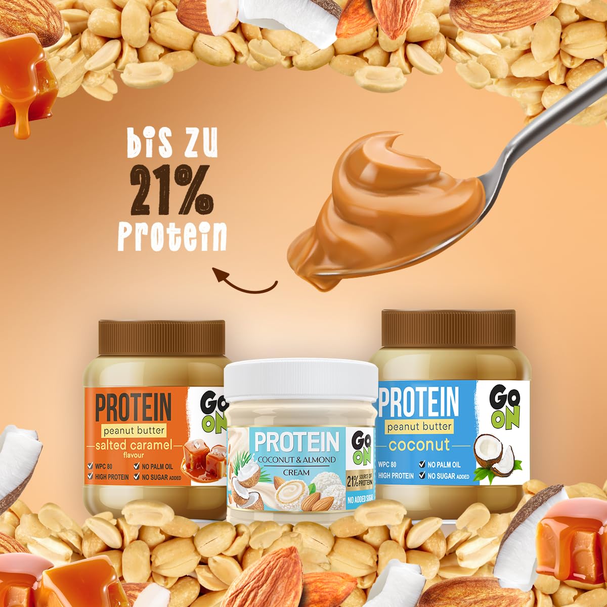 GO ON - Protein Creme Kokos-Mandel, 6x180g, 21% Protein Aufstrich, Zuckerfrei, Kokoscreme Aufstrich, Fitness Lebensmittel, Ohne Palmöl