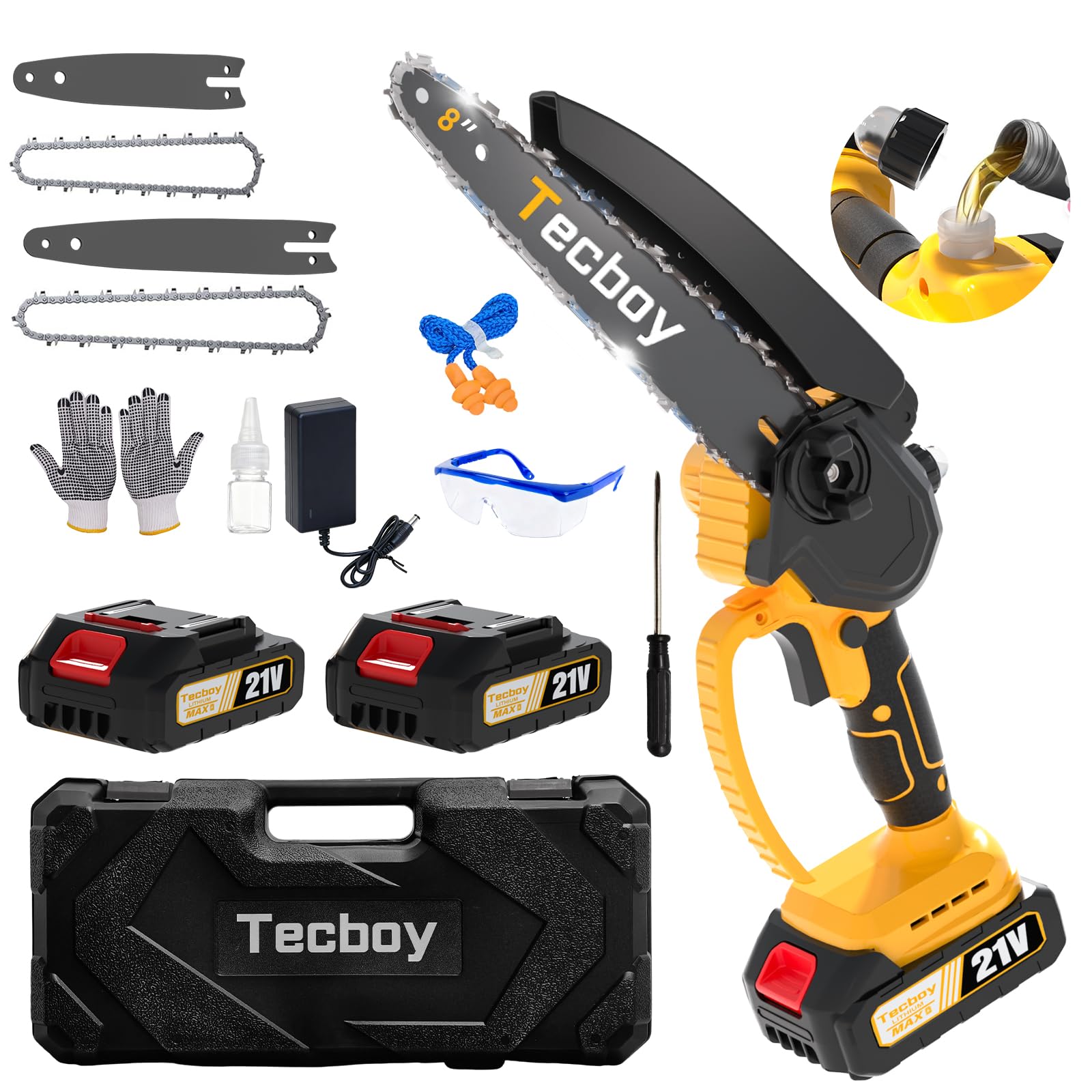 - 2-IN-1 Mini Electric Chainsaw Cordless, 8&6 Inch Portable Chain Saw for Makita 18V Battery Powered Saws Small HandHeld Saw with 2 Batteries Yard Tool Tree Trim Wood Cutting Gift for Men Dad Him Yellow