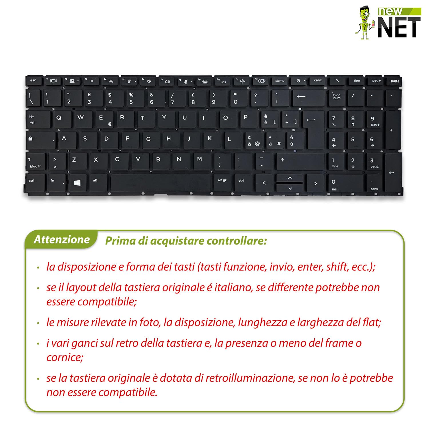 new net - Tastiera Compatibile con Notebook HP ProBook 450 G8, 450 G9, 455 G8, 455 G9, 650 G8 [Senza Frame - Colore Tasti Nero - Retroilluminata - Layout ITA]