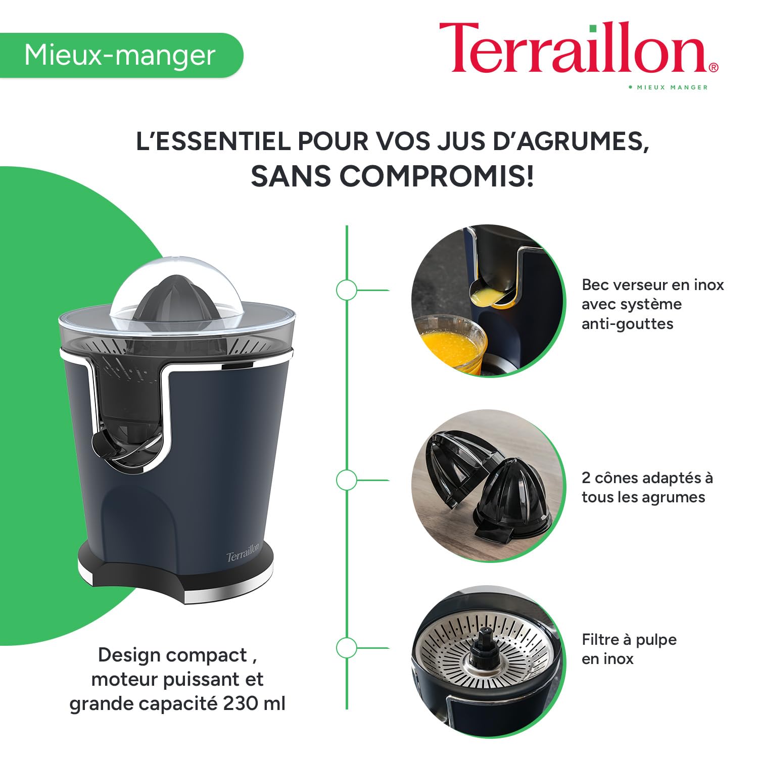 TERRAILLON - NEW MOON - Presse agrumes électronique - 160 W, Vitesses variables, Filtre et bec verseur en Inox, Réservoir 300 ml, 2 Cônes pour différents agrumes, Corps Inox peint, Bleu