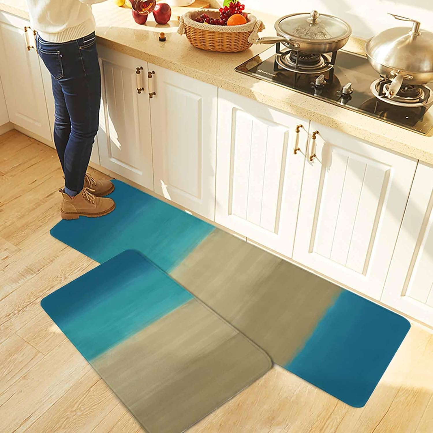 Teal Blue Khaki Ombre Kitchen Rugs and Mats Set of 2, Non-Slip Kitchen Sink Mat, Modern Abstract Gradient Art Washable Doormat Bathroom Rugs Runner for Bedroom/Living Room 19.7"x23.6"+19.7"x47.2"