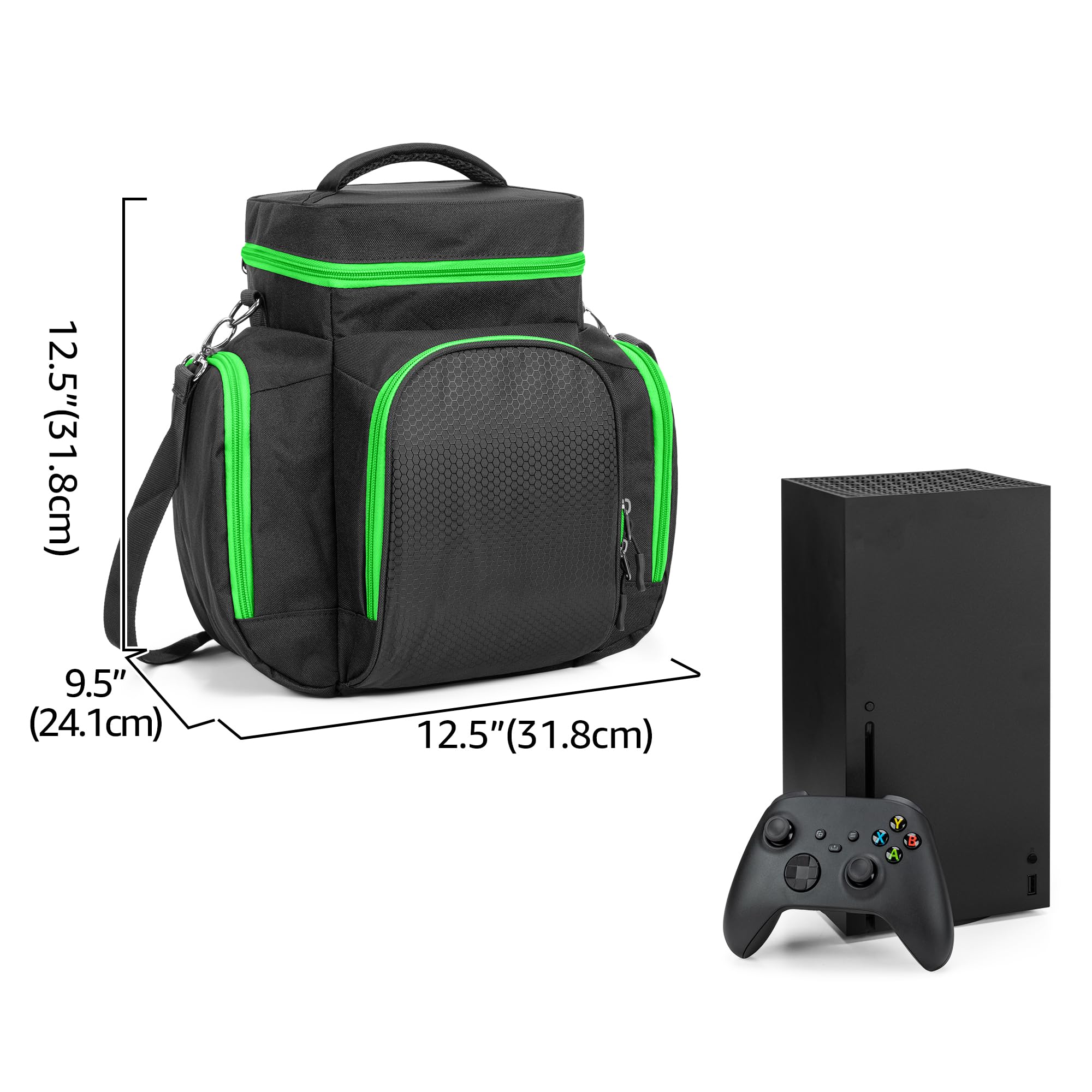 Trunab Console Carrying Case Compatible with Xbox Series X, Travel Bag with Multiple Storage Pockets for Xbox Controllers, Headset, Games, Cables, Portable Hard Disk and Other Accessories, Green
