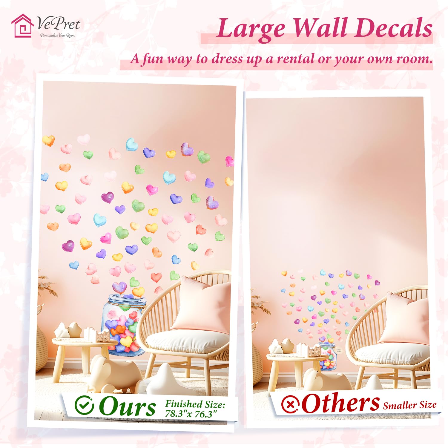 VePret Large Watercolor Hearts Wall Decals Peel and Stick, Cute Lucky Hearts Wall Stickers - Image 4