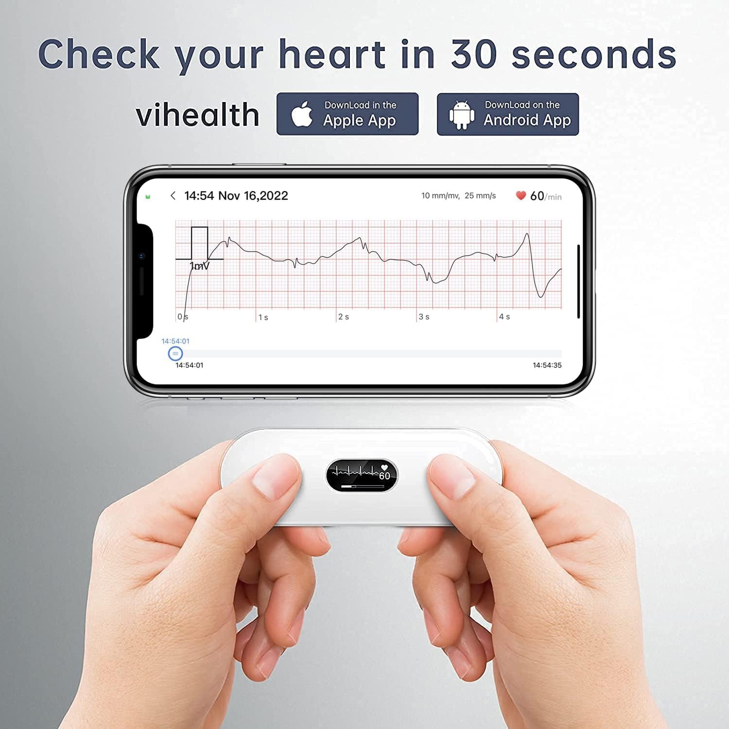 Wellue Mobiles EKG Gerät für Zuhause, Wireless Tragbarer EKG Gerät mit kleinem OLED Display, 30s - 5 Min Überwachung, Herzfrequenz & EKG Messung, kompatibel mit iOS & Android