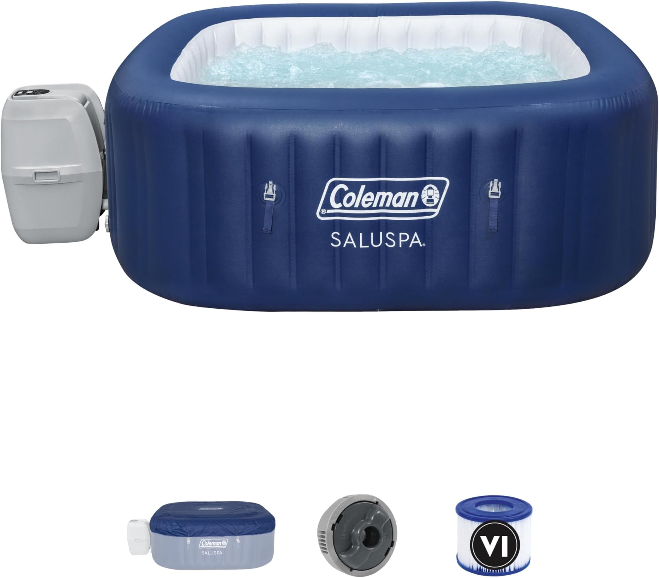 Coleman SaluSpa Atlantis AirJet 4 to 6 Person Inflatable Hot Tub Square Portable Outdoor Spa with 140 Soothing Jets with Cover, Blue